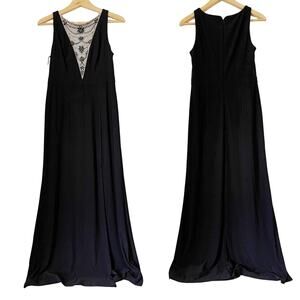 ADRIANNA PAPELL NWOT Beaded Mesh Neckline Maxi Dress in Black Size 6